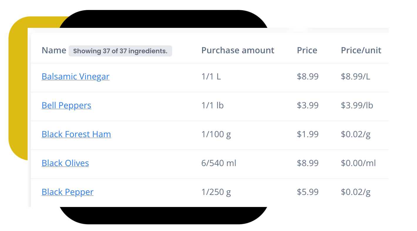 Easily keep your ingredient costs up to date and see price history over time
